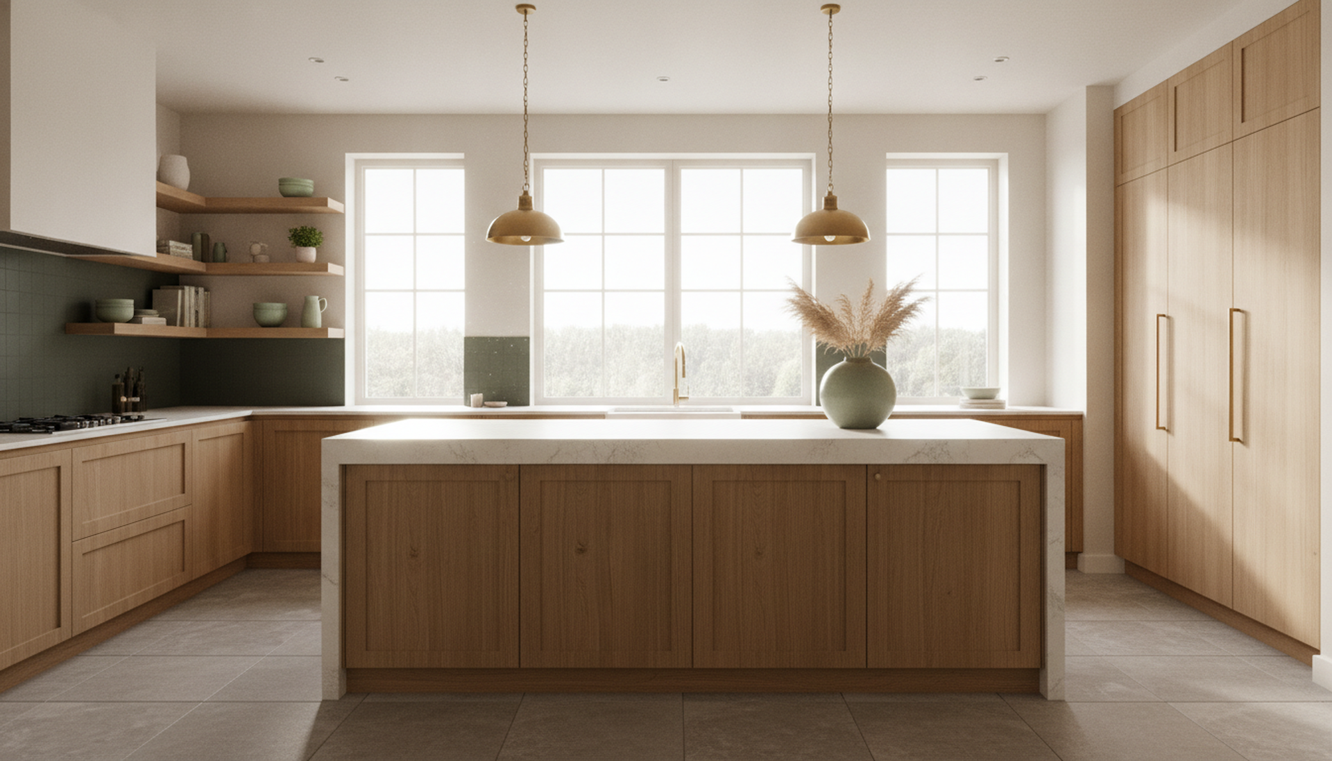 Bright, sunlit kitchen remodel with natural stone and white oak finishes